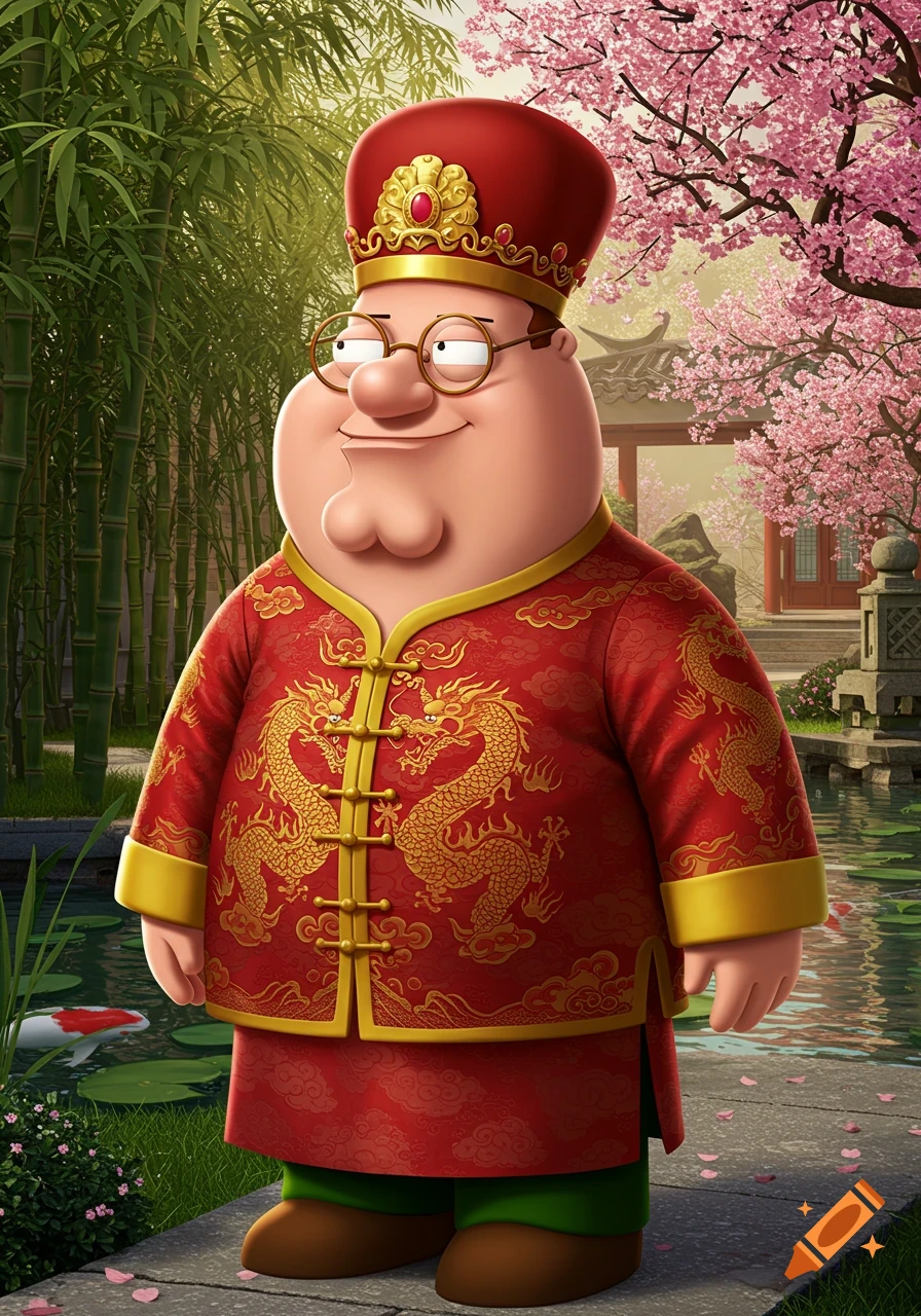 Peter Griffin dressed in a red and gold traditional Chinese outfit and hat, standing in a serene Chinese garden with bamboo and cherry blossoms.