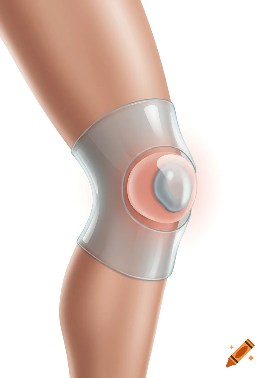 Illustration of a human knee with a translucent silicone support cup over the kneecap, with a red glow.