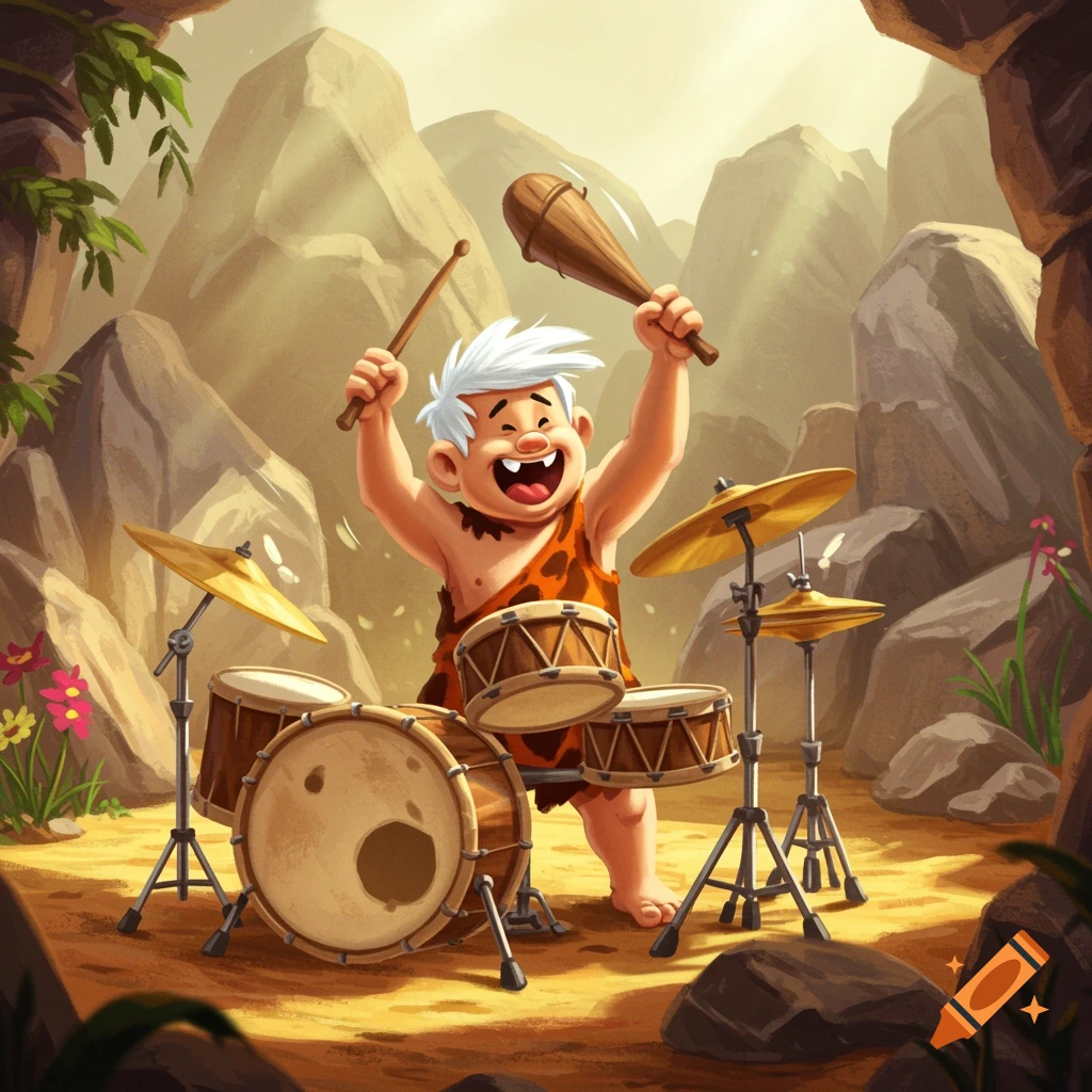 Cartoon Bamm-Bamm from The Flintstones excitedly playing a drum set with a drumstick and a club in a vibrant prehistoric landscape.
