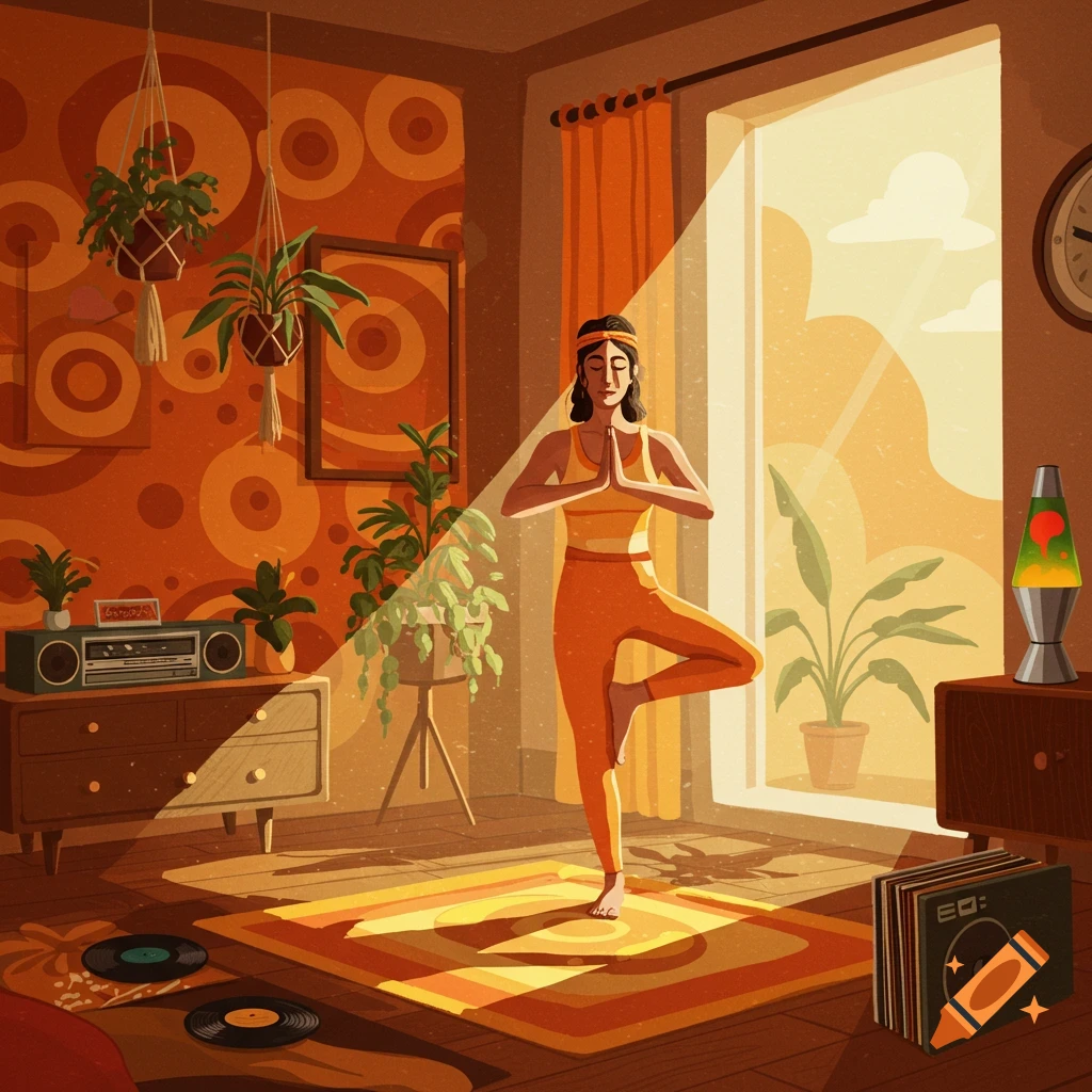 A woman in orange doing yoga in a sunny retro-style room with plants, a boombox, and lava lamp.