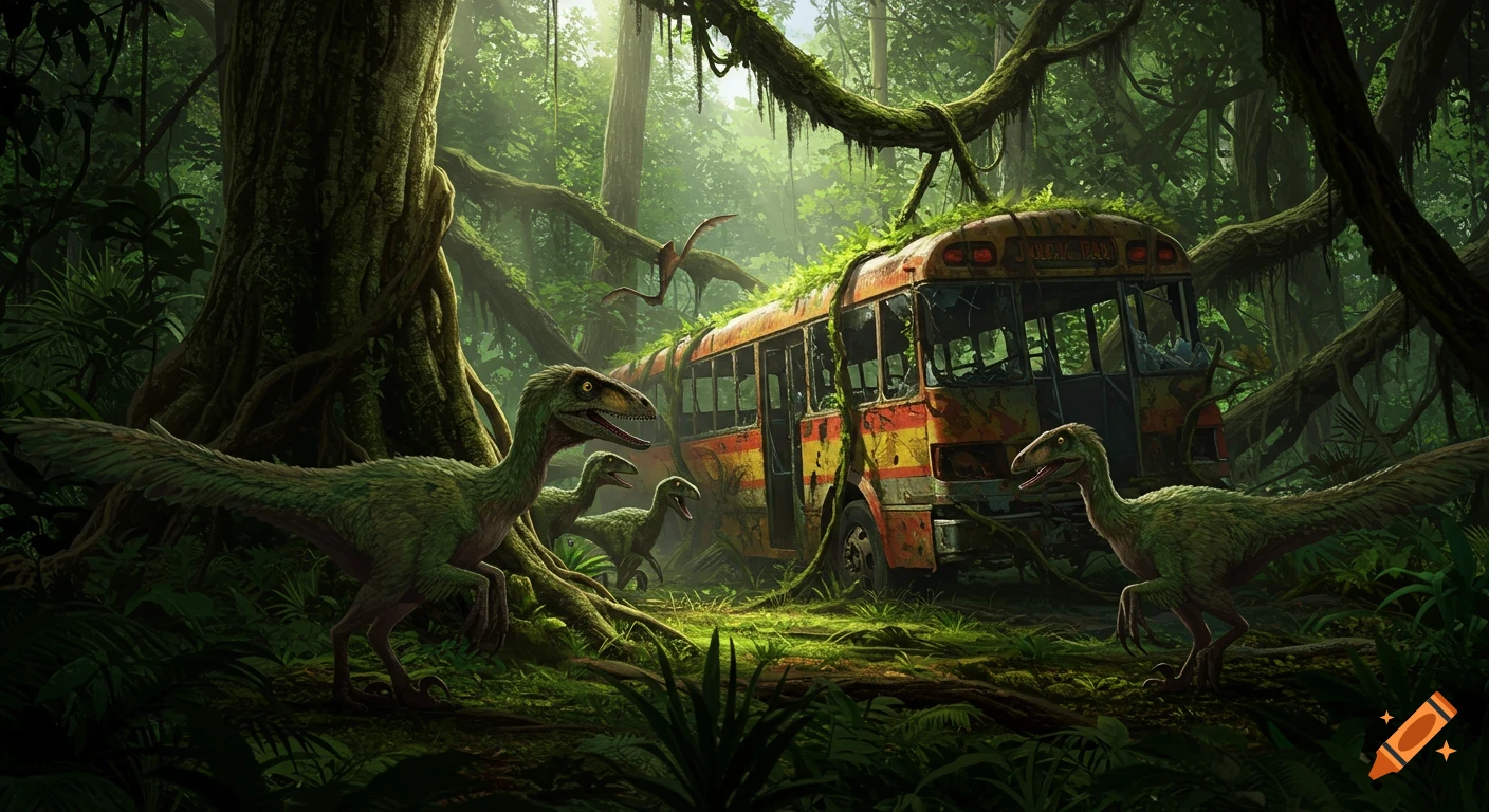 Feathered raptors in a dense jungle gathered around a vine-covered, abandoned Jurassic Park tour bus. Photorealistic illustration.