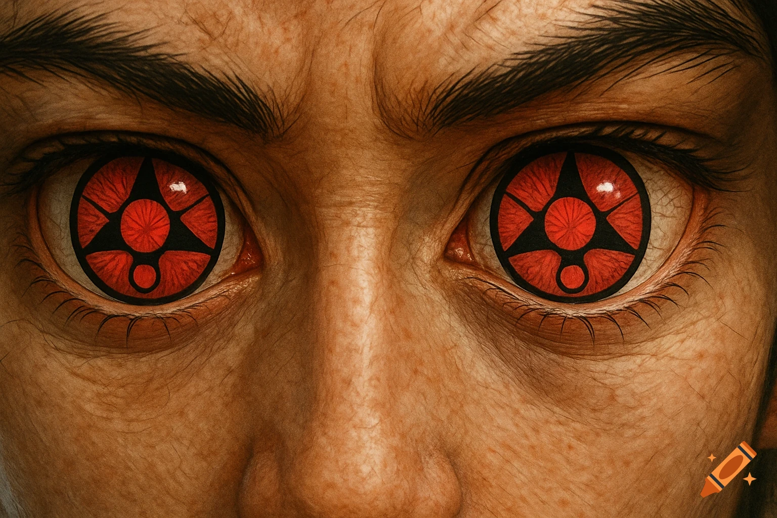 Close-up of intense eyes with red and black patterned irises (Sharingan), set in a detailed, slightly furrowed face.