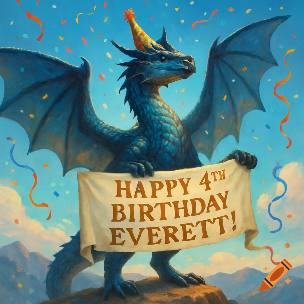A blue dragon wearing a party hat holds a banner that reads 'Happy 4th Birthday Everett!' against a sky background with confetti.