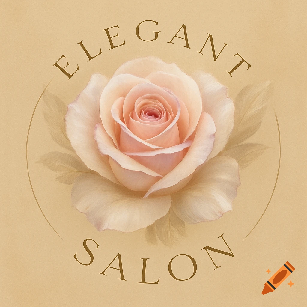 A painted logo featuring a pale pink rose with the words 'Elegant Salon' curved around it on a tan background.