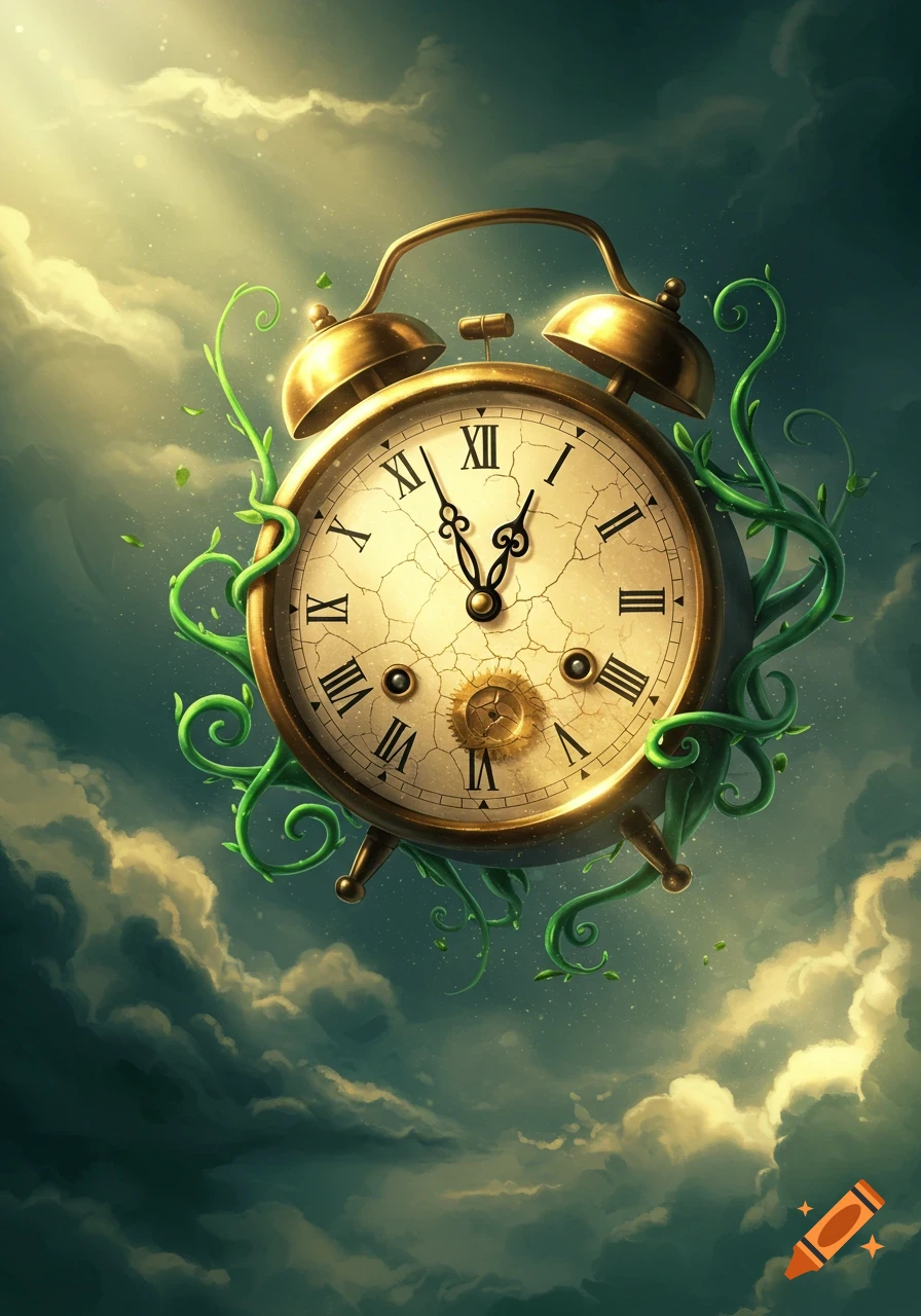 A golden antique alarm clock, adorned with green vines, floats amidst dramatic, sunlit clouds in a surreal, dreamlike painting.
