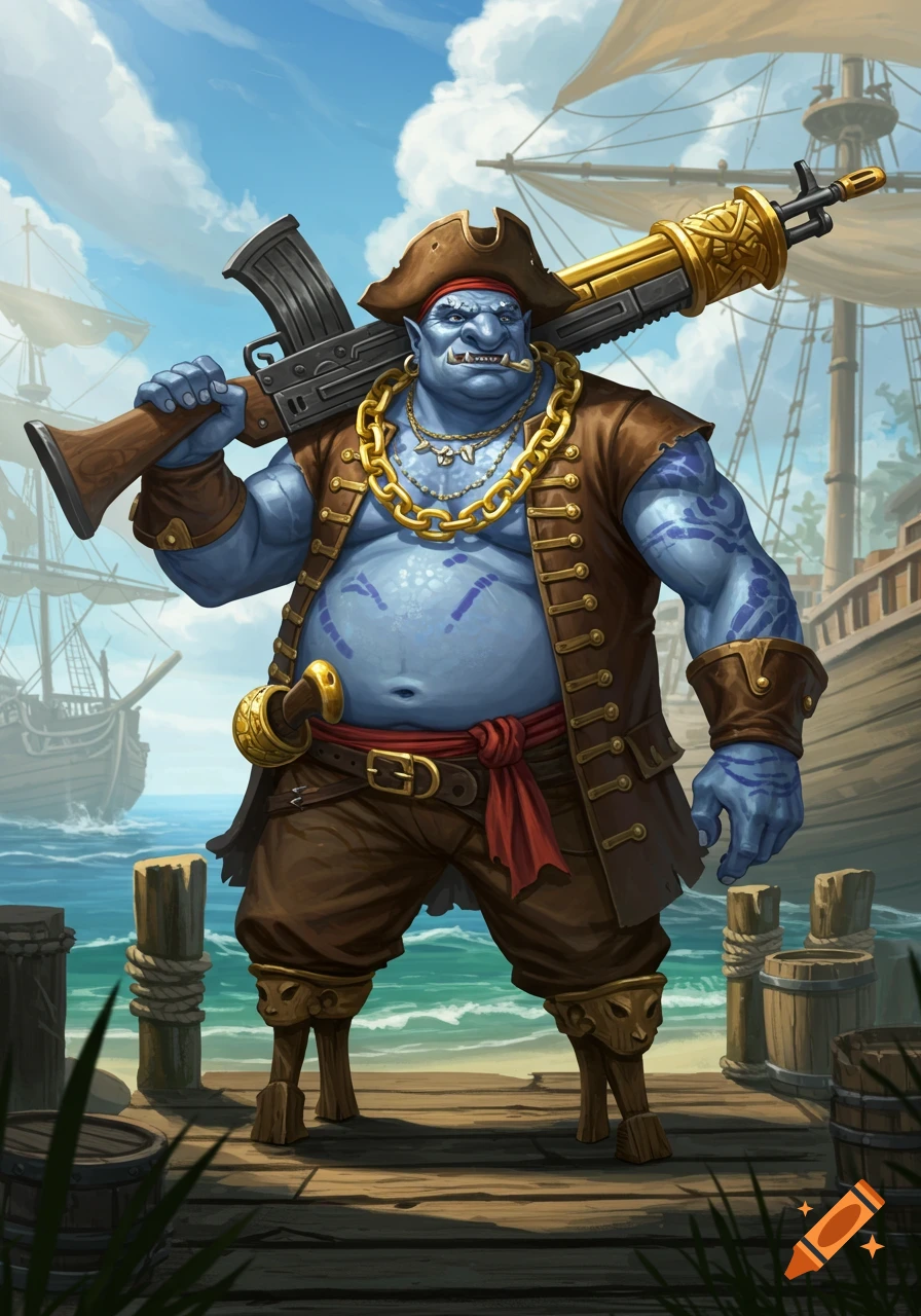 Blue-skinned pirate with gold chains, big nose, and wooden peg legs holding a golden rifle on a pier. Fantasy digital art.