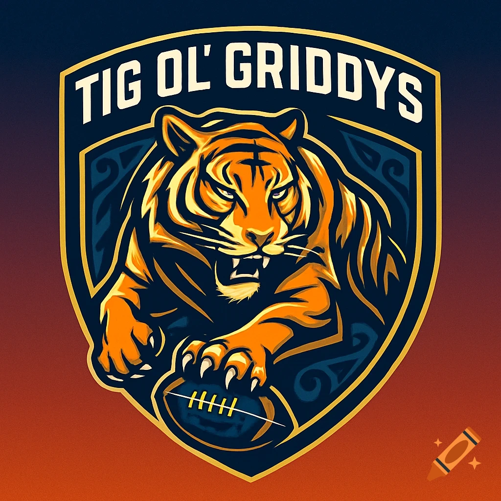 An aggressive tiger mascot holding a football inside a shield logo with 'TIG OL' GRIDDYS' text. Graphic style.