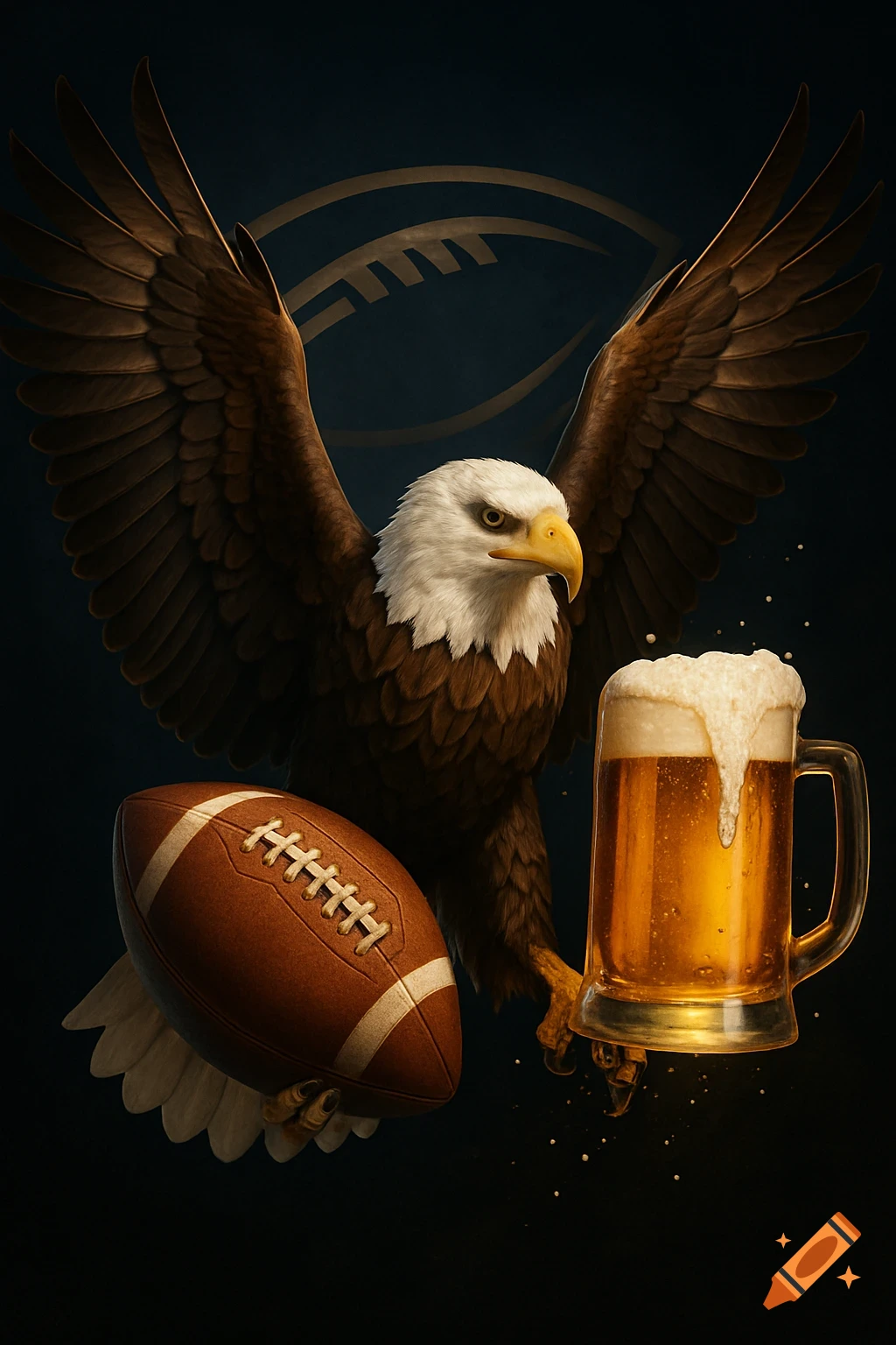 A bald eagle with outstretched wings holds a football and a frothy beer mug against a dark background with a subtle logo.