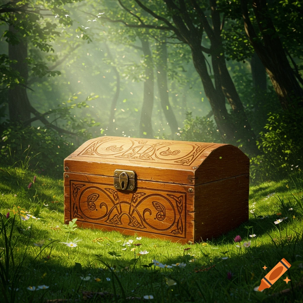 A beautifully carved wooden chest sits on a mossy forest floor, bathed in sunlit rays through the trees, with small white flowers scattered around.