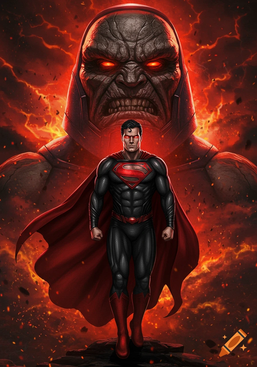 Evil Superman in black and red suit with red S symbol and red eyes stands before a massive, menacing Darkseid against a fiery red backdrop.