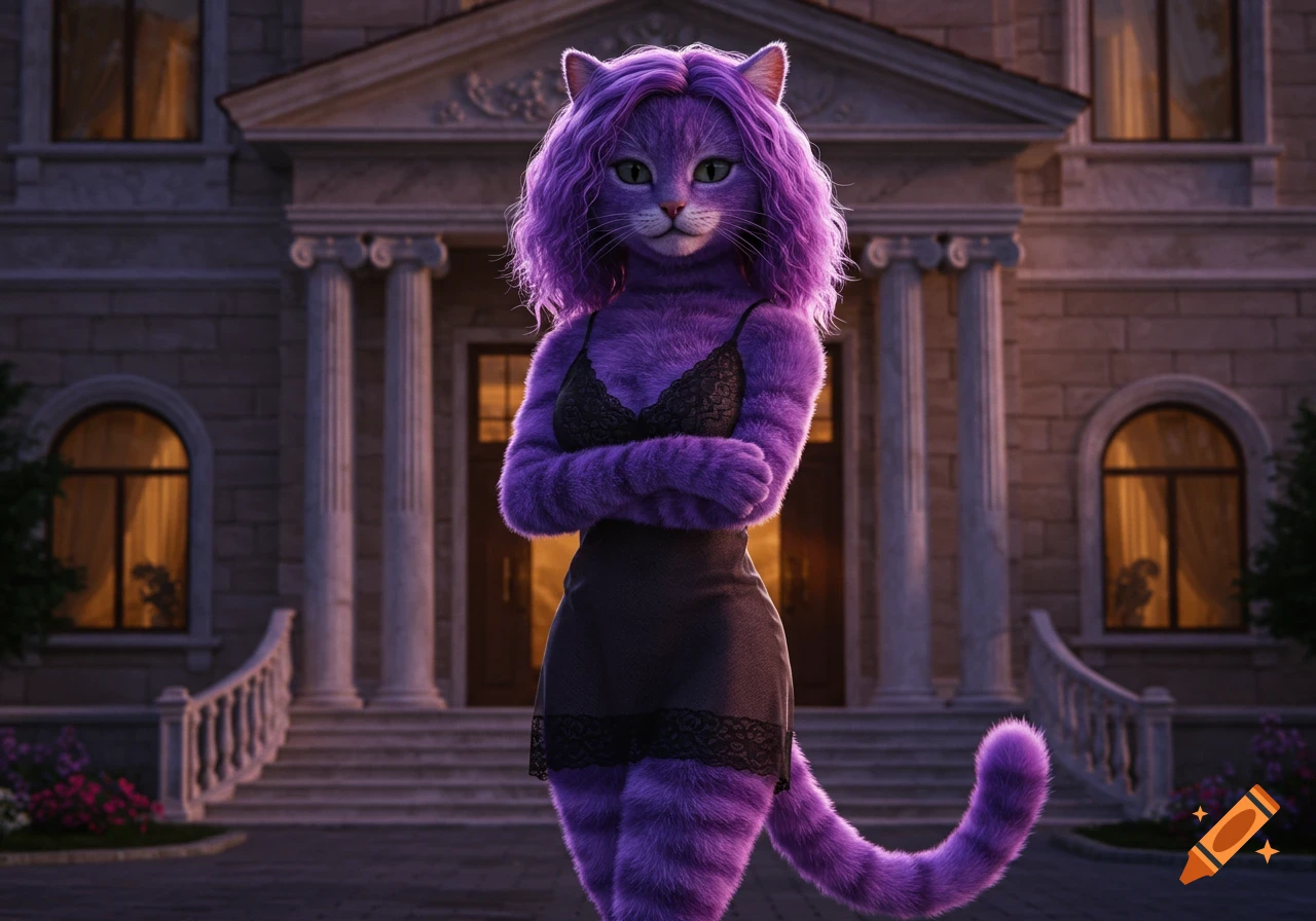 A purple anthropomorphic cat with curly purple hair, wearing a black lace bralette and slip dress, stands in front of a luxurious mansion at dusk. Hyperrealistic style.