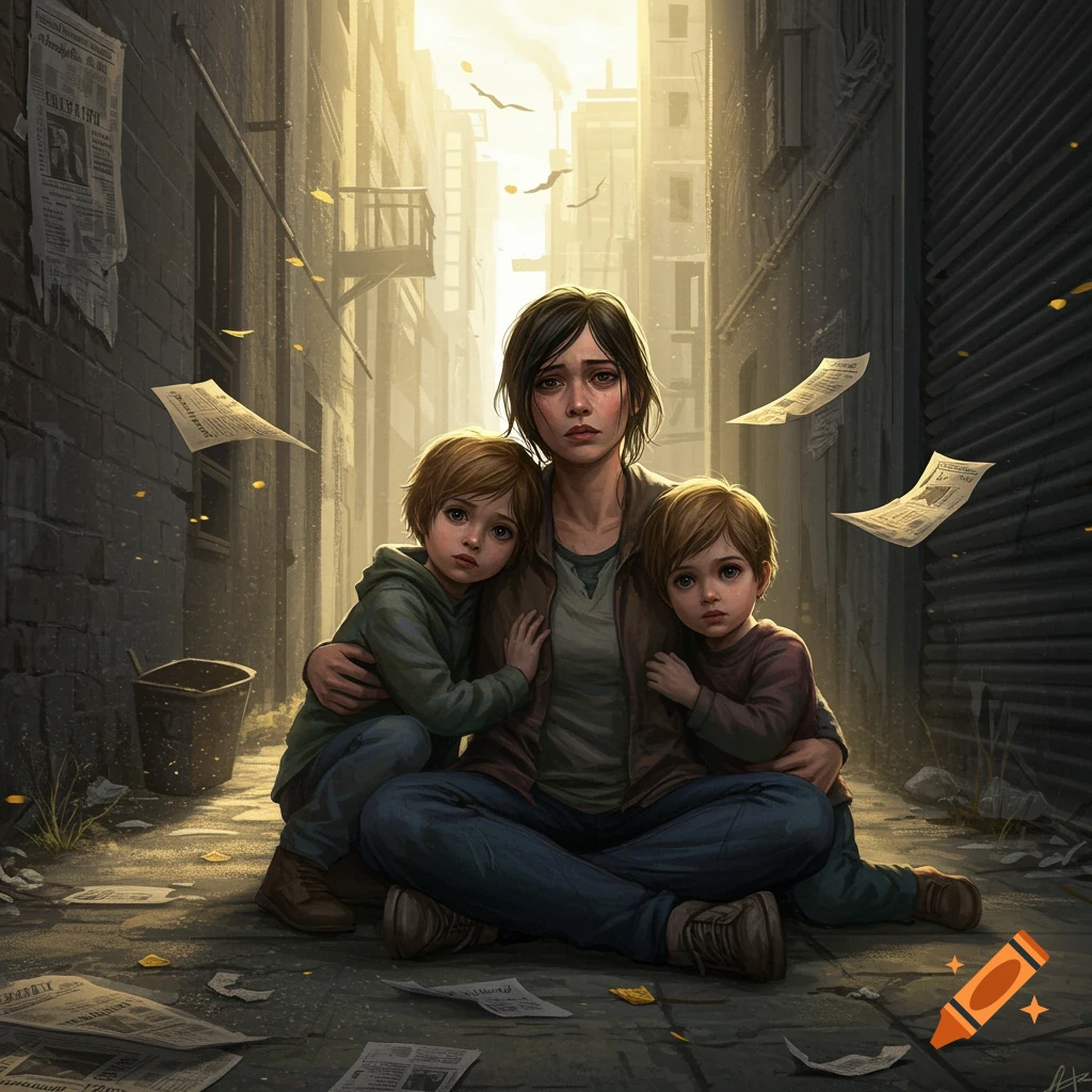 A distressed woman sits in a dirty alleyway, holding two young children close, with newspapers scattered around them and warm light in the background.