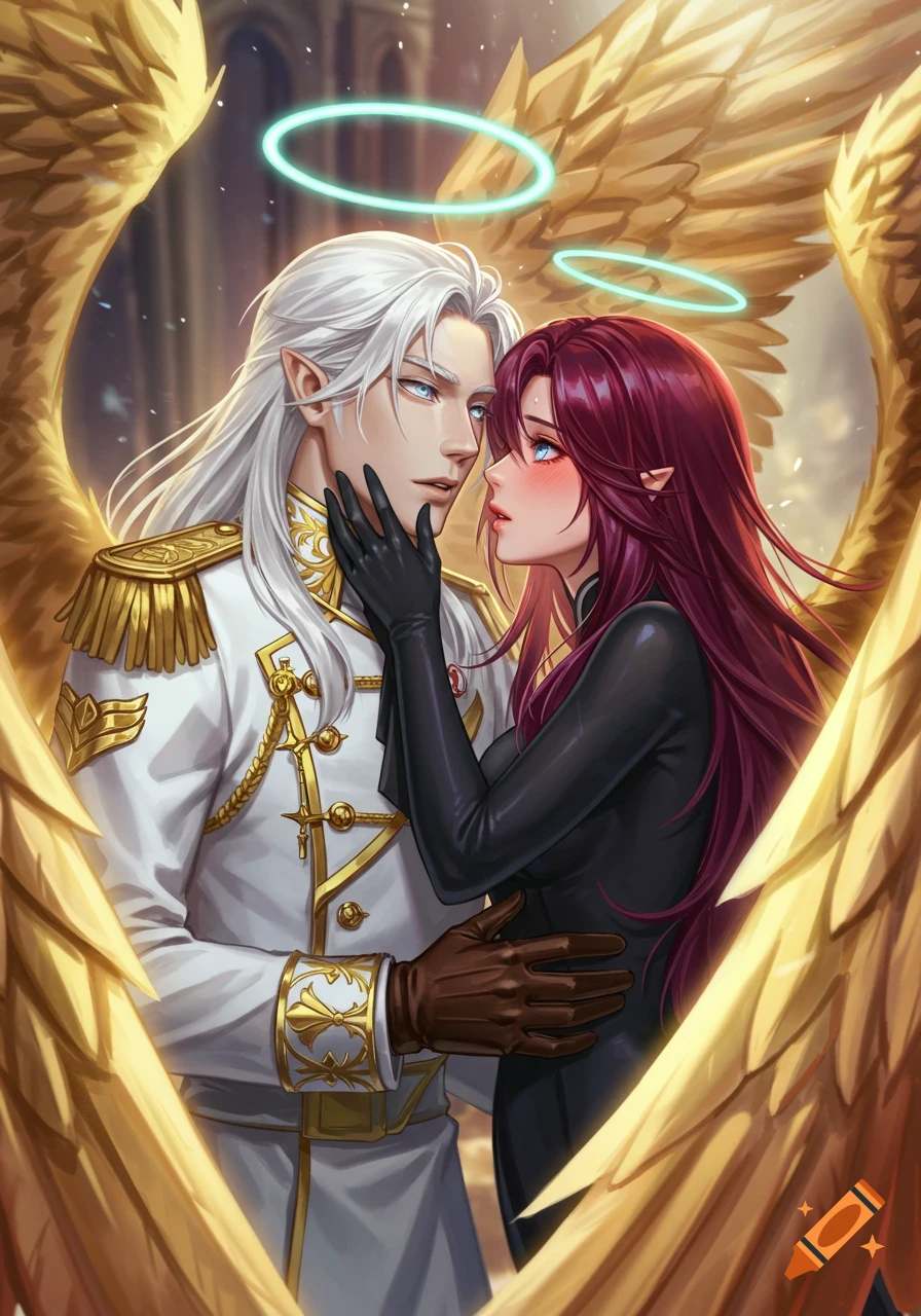 Anime style image of a white-haired elf man in uniform embracing a red-haired woman in a catsuit, both with golden wings and halos, gazing intimately.