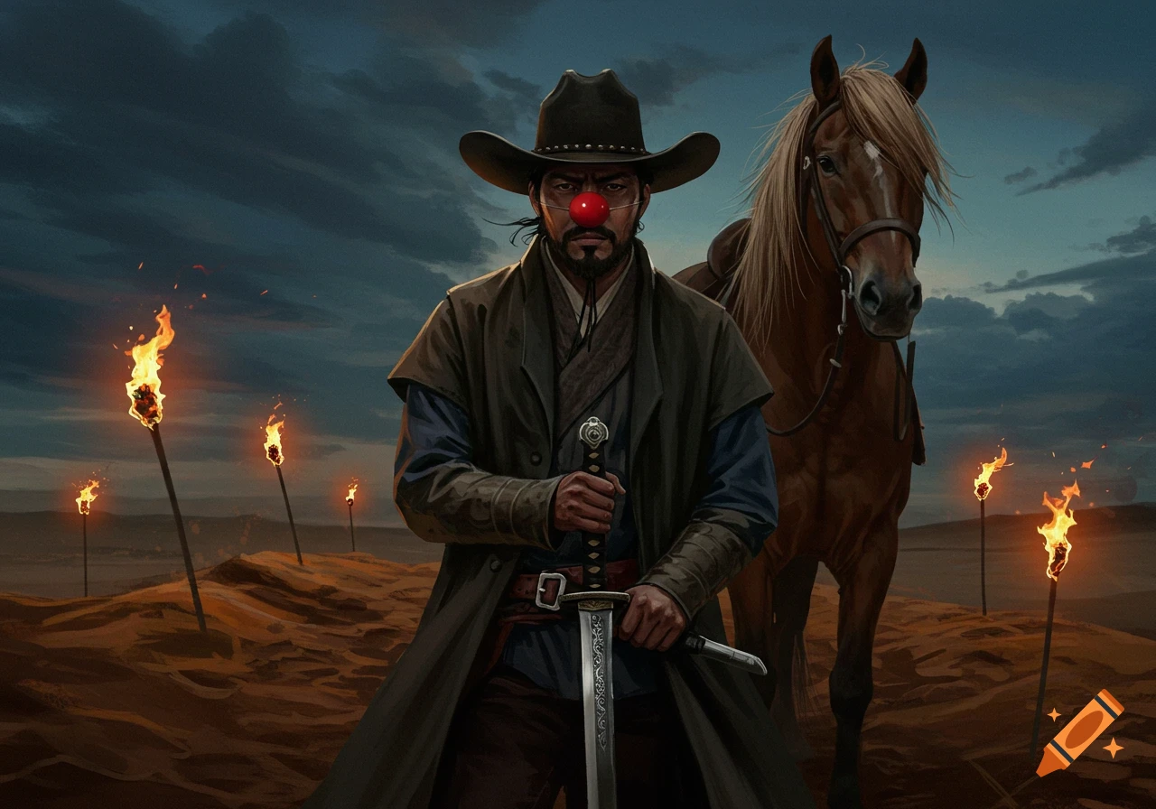 Solemn cowboy with a red clown nose and sword stands with his horse in a dark, torch-lit desert at dusk, artistic style.