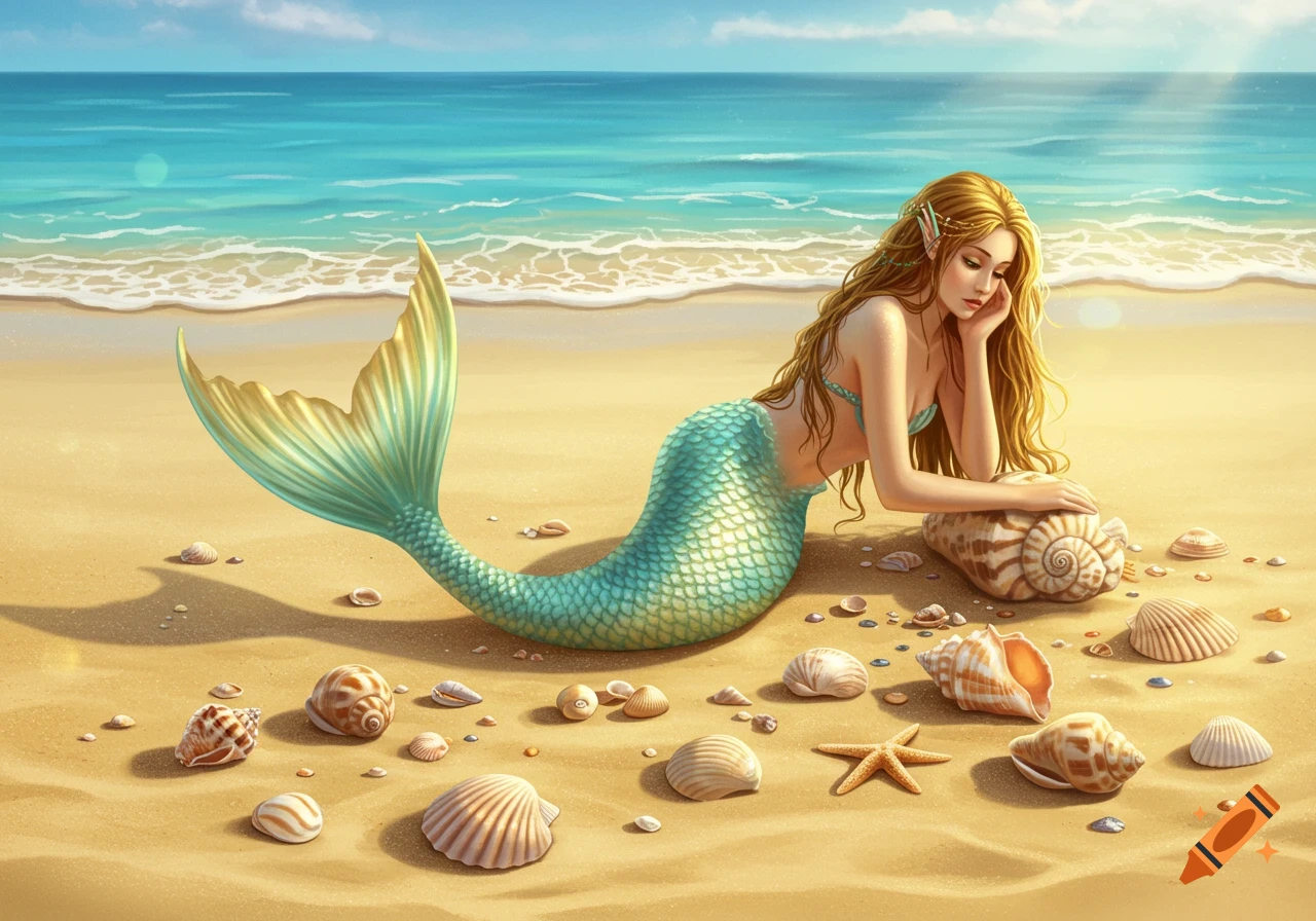 A beautiful mermaid with long blonde hair and a turquoise tail lies on a sandy beach, leaning on a large conch shell with the blue ocean in the background, illustrated.
