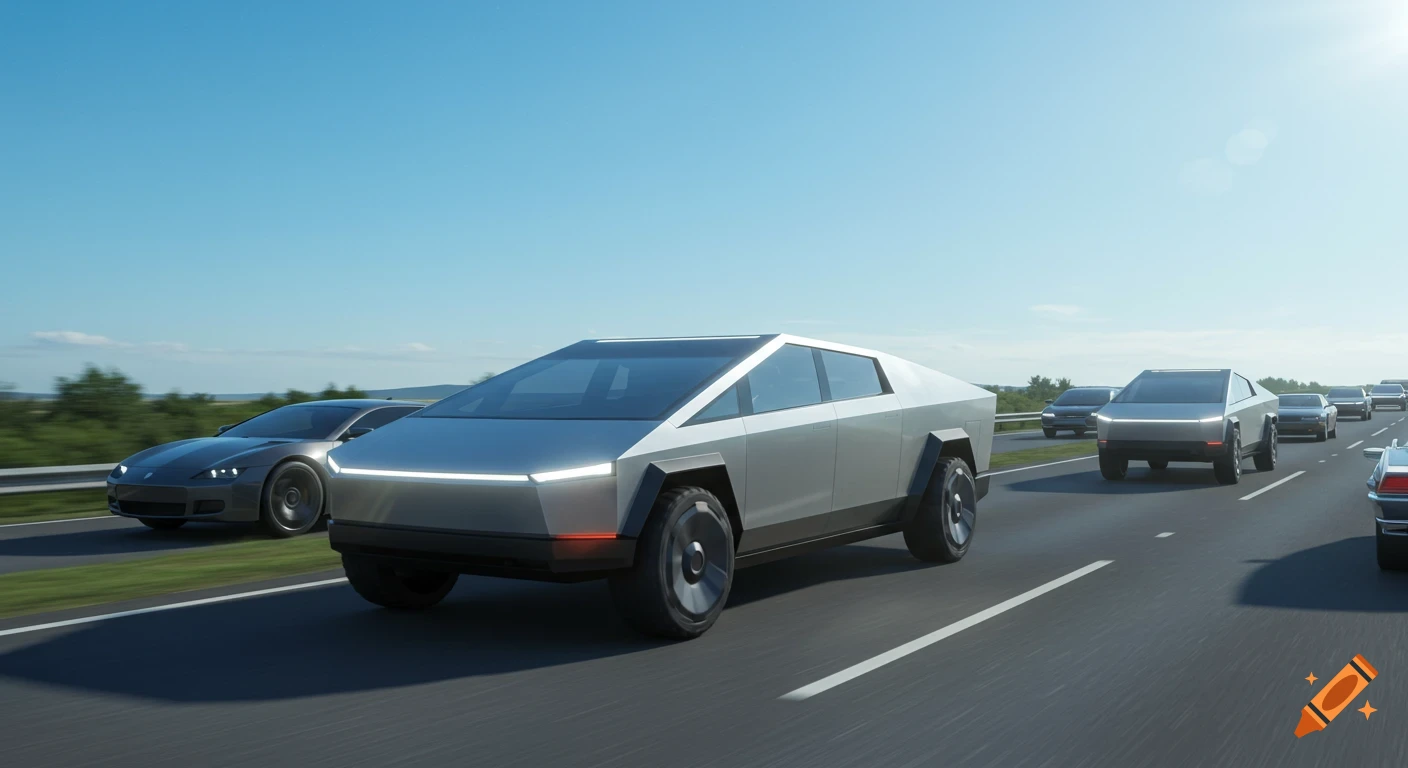 Photorealistic image of multiple Tesla Cybertrucks and other cars driving on a busy highway under a clear blue sky.