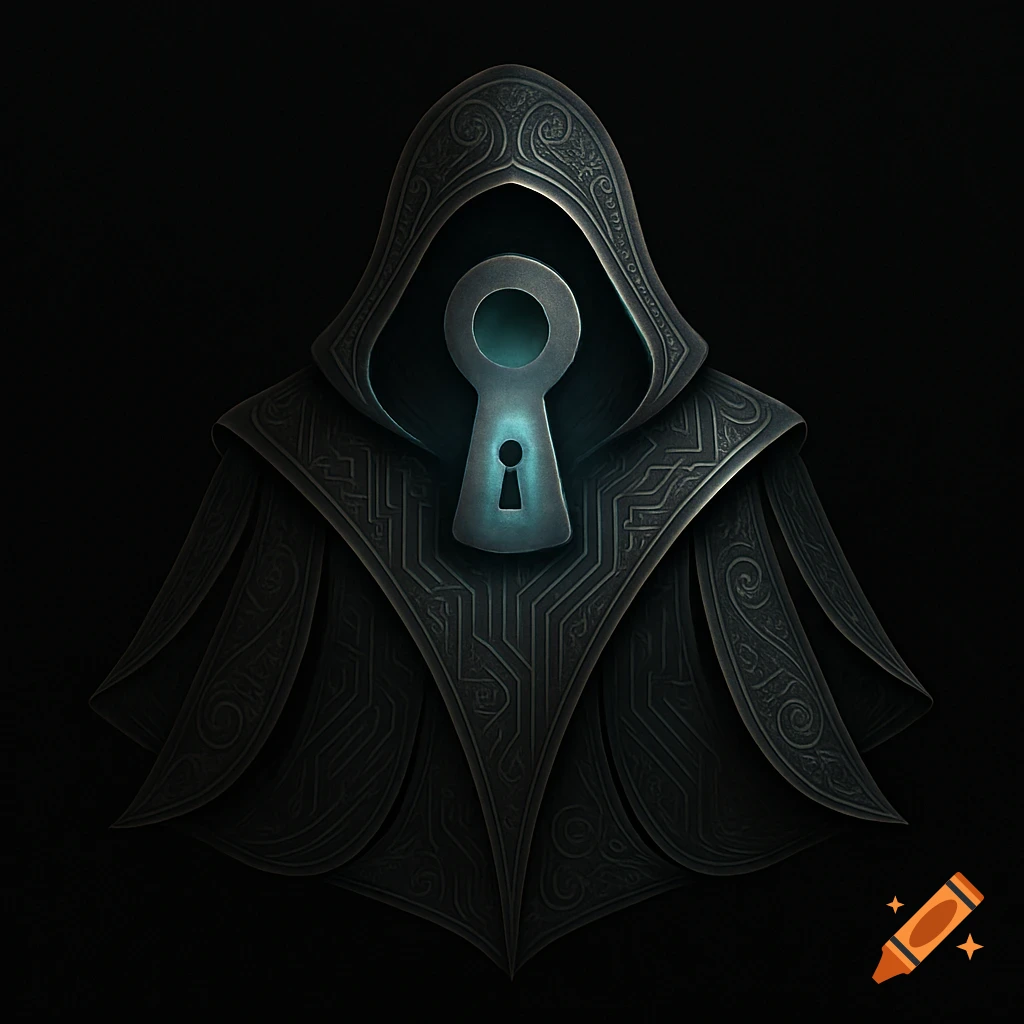 A dark, hooded figure with a glowing metallic keyhole where its face would be, featuring intricate patterns on its cloak.