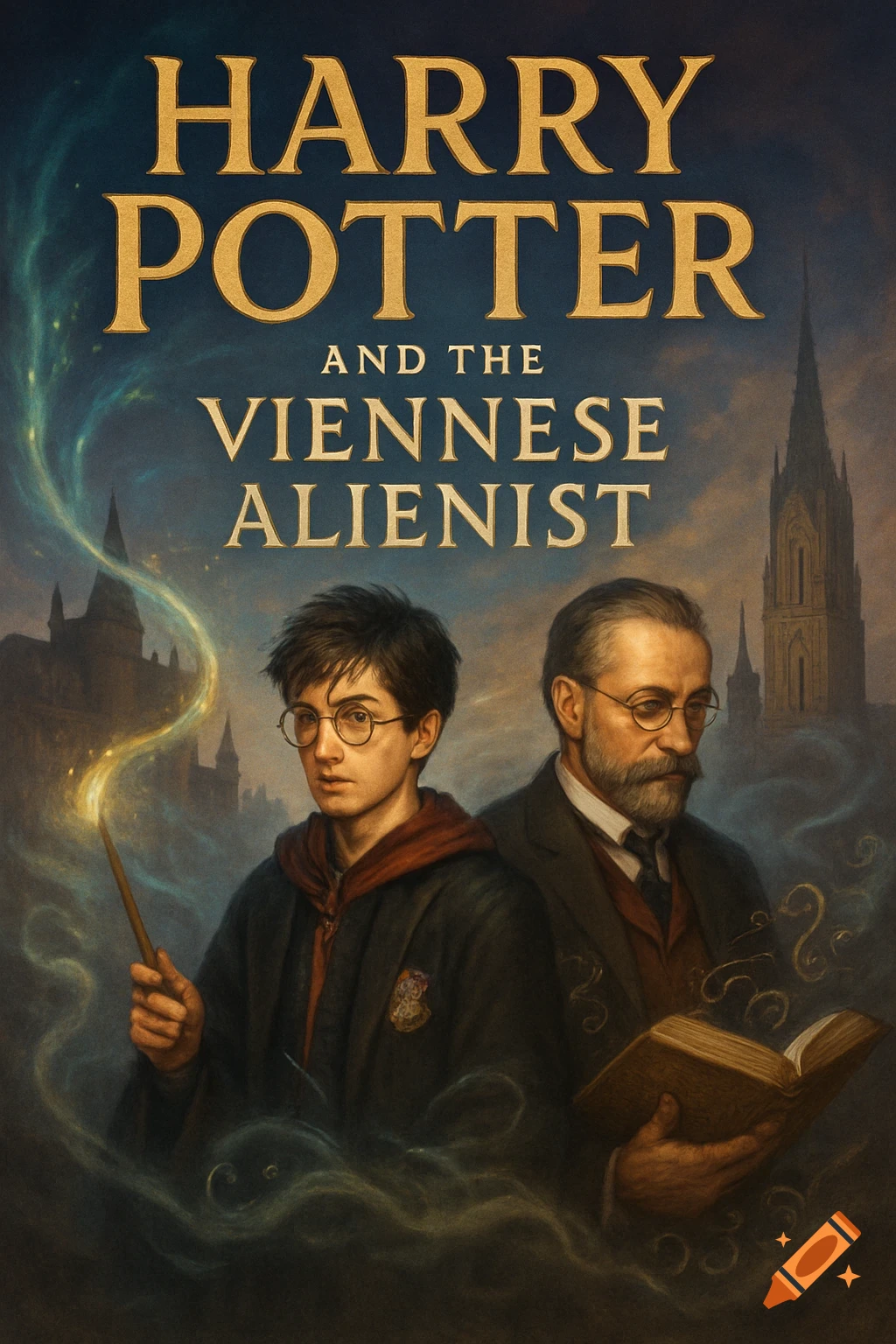 Harry Potter and an older man on a book cover. Harry holds a glowing wand, the man holds a book, with gothic buildings behind them.