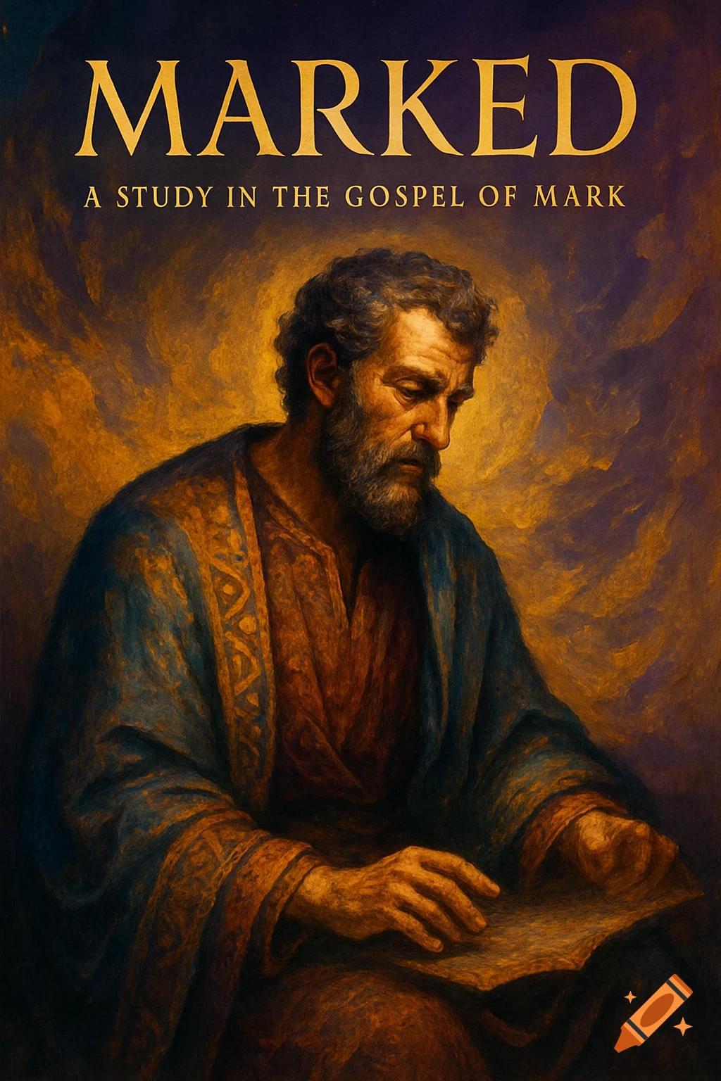 A bearded man in ancient robes reads a scroll, with the title 'MARKED A STUDY IN THE GOSPEL OF MARK' above, in a classical painterly style.