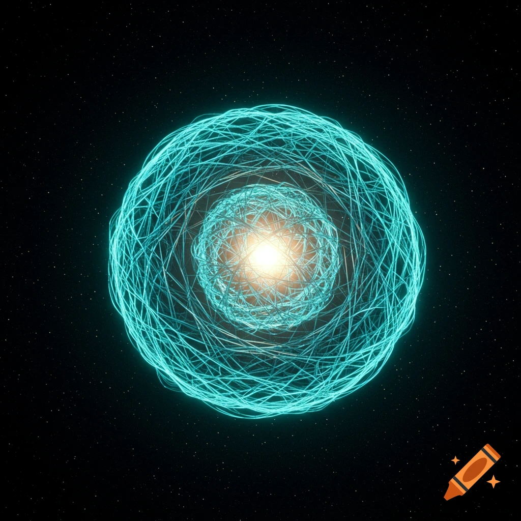 A vibrant, glowing blue-green energy orb with an orange core, surrounded by intricate swirling lines, against a dark starry background.