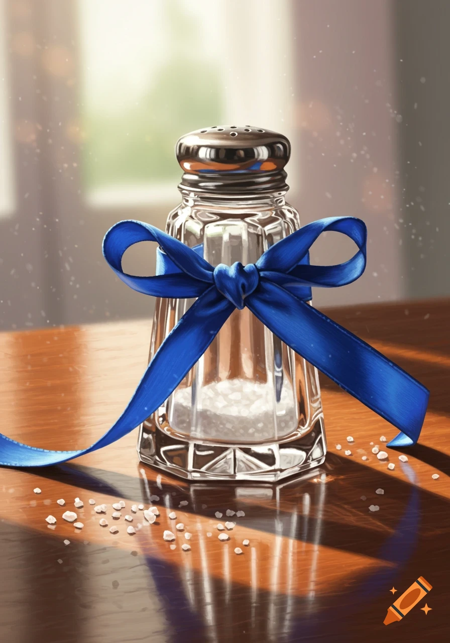 A crystal salt shaker with a blue ribbon tied around its neck sits on a reflective wooden table, with salt crystals spilled.