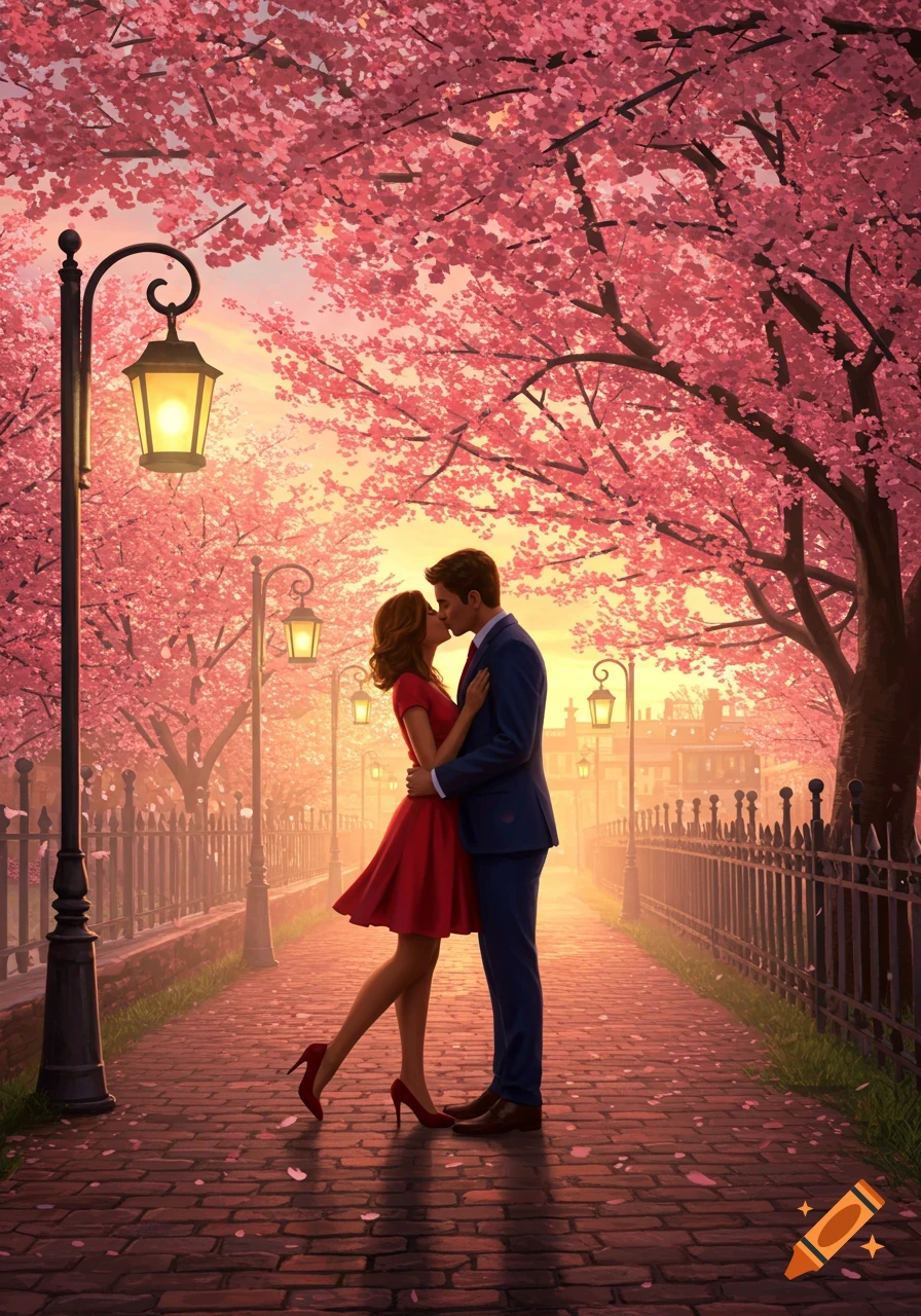 Illustrated romantic scene of a couple kissing on a park path under pink cherry blossom trees and street lamps at sunset.