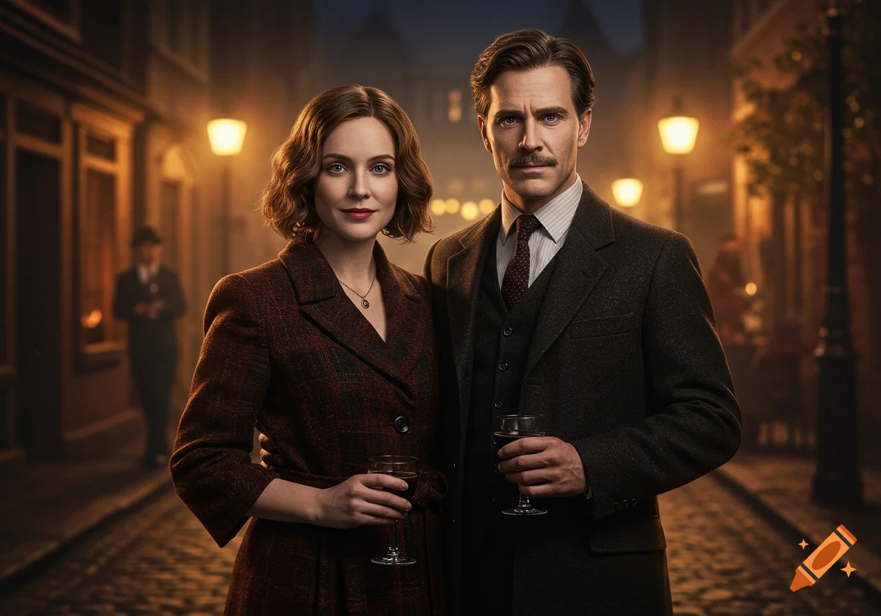 A stylish man and woman in vintage clothing stand in a romantically lit street at night, holding glasses of wine. Photorealistic.
