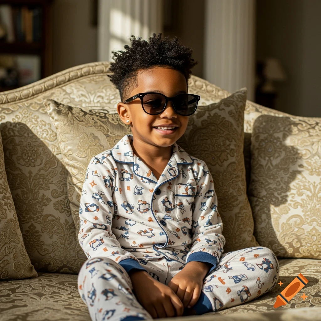 Smiling young boy with a fade and sunglasses wearing patterned pajamas on a luxurious couch, photorealistic.