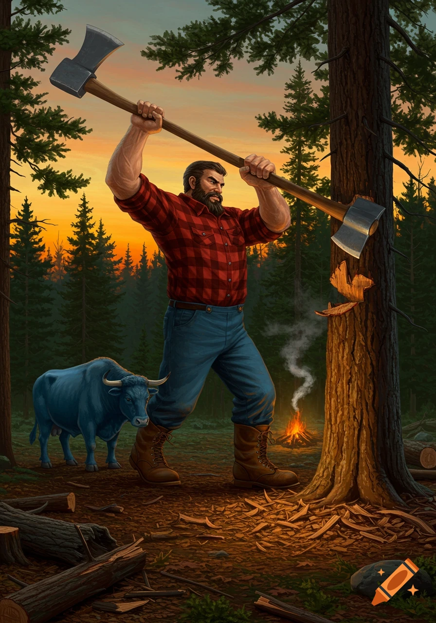 Illustrated depiction of Paul Bunyan with his blue ox Babe, chopping a tree in a forest at sunset, with a campfire nearby.