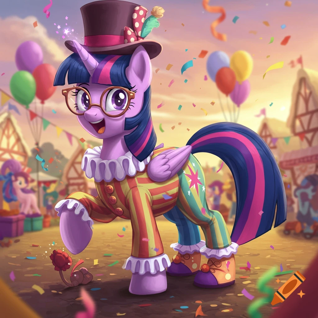 A cheerful purple cartoon pony, Twilight Sparkle, wears a ruffled clown costume, glasses, and a top hat, surrounded by confetti at a fair.