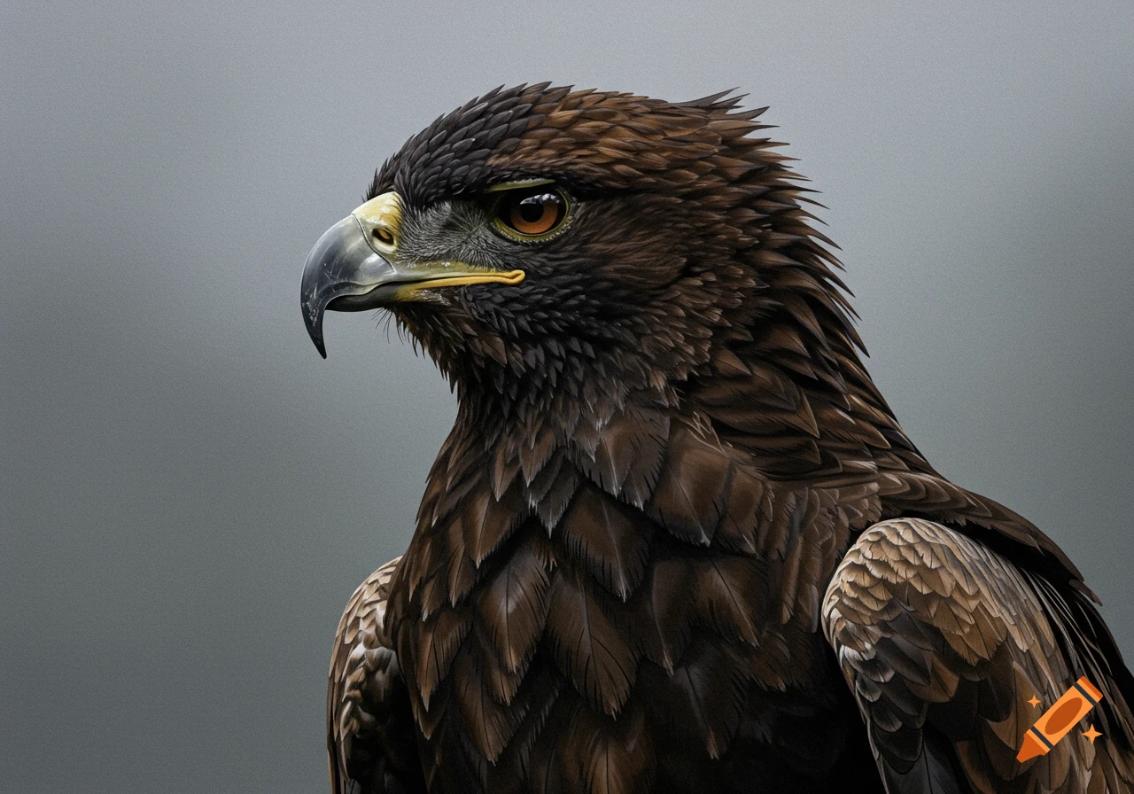 Close-up of a majestic brown Haast Eagle looking left against a plain grey background, photorealistic style.