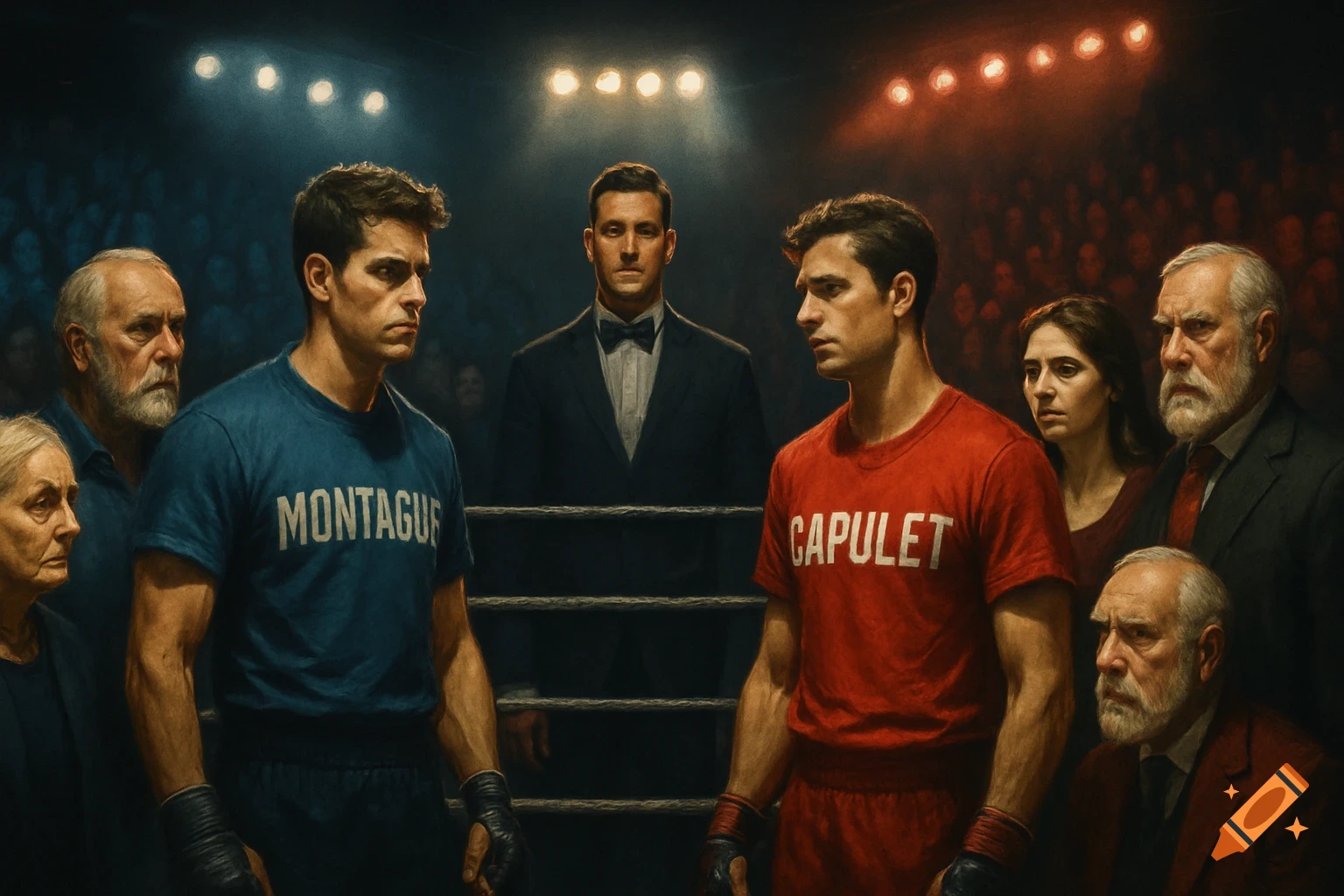 Boxers Montague and Capulet, in blue and red shirts, face off in a dimly lit ring with a referee and their supporters.