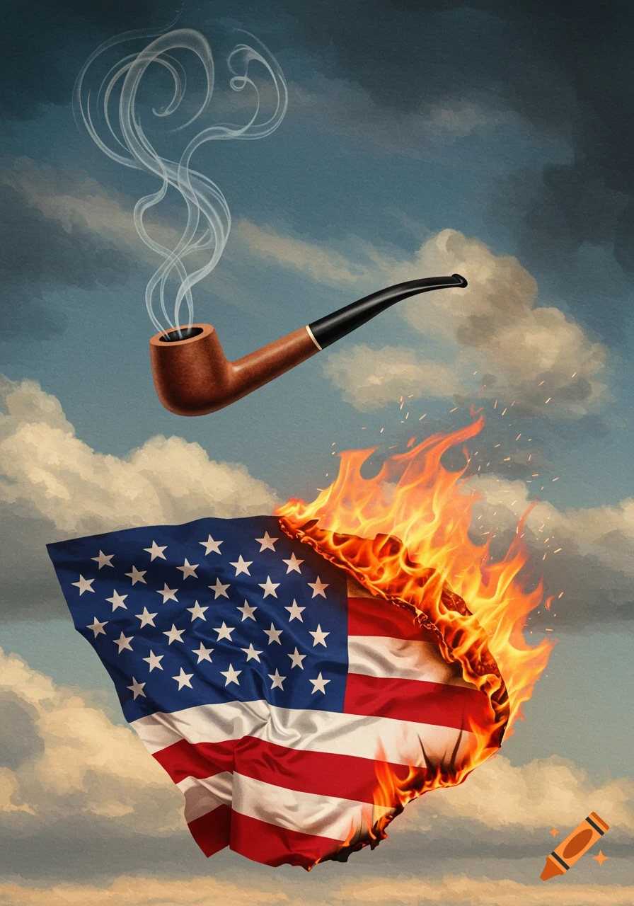 Surreal painting of a brown pipe with smoke floating above an American flag burning at its edge against a cloudy sky.