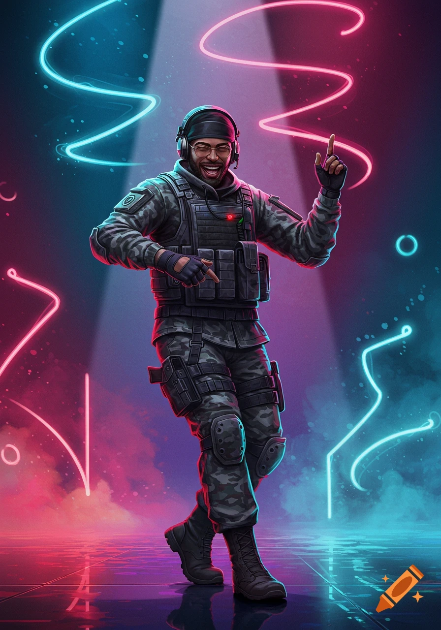 A smiling male character in military camouflage gear, headphones, and glasses dances amidst neon pink and blue lights.