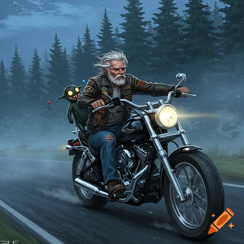 An old, white-haired, bearded biker in a leather jacket rides a black motorcycle with a small, grinning, dark creature on the back, through a forest at dusk.