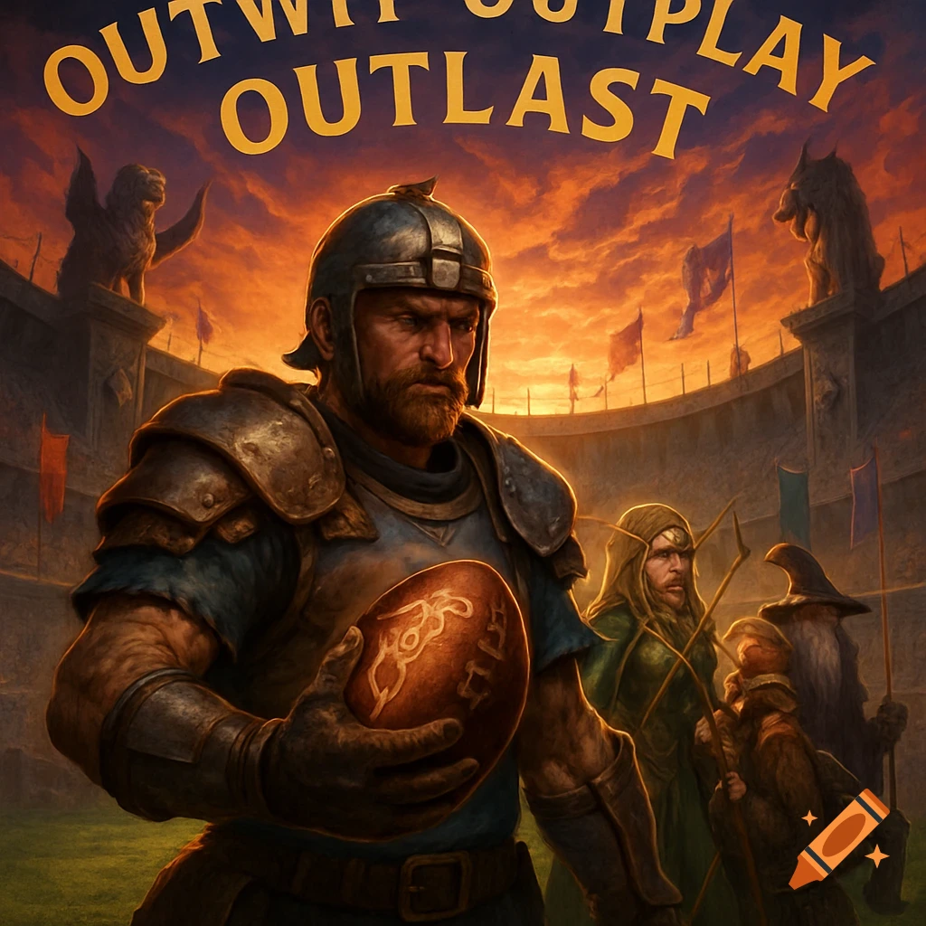 Armored warrior holds a fantasy football in a stadium at sunset with other fantasy figures. Text: Outwit Outplay Outlast.