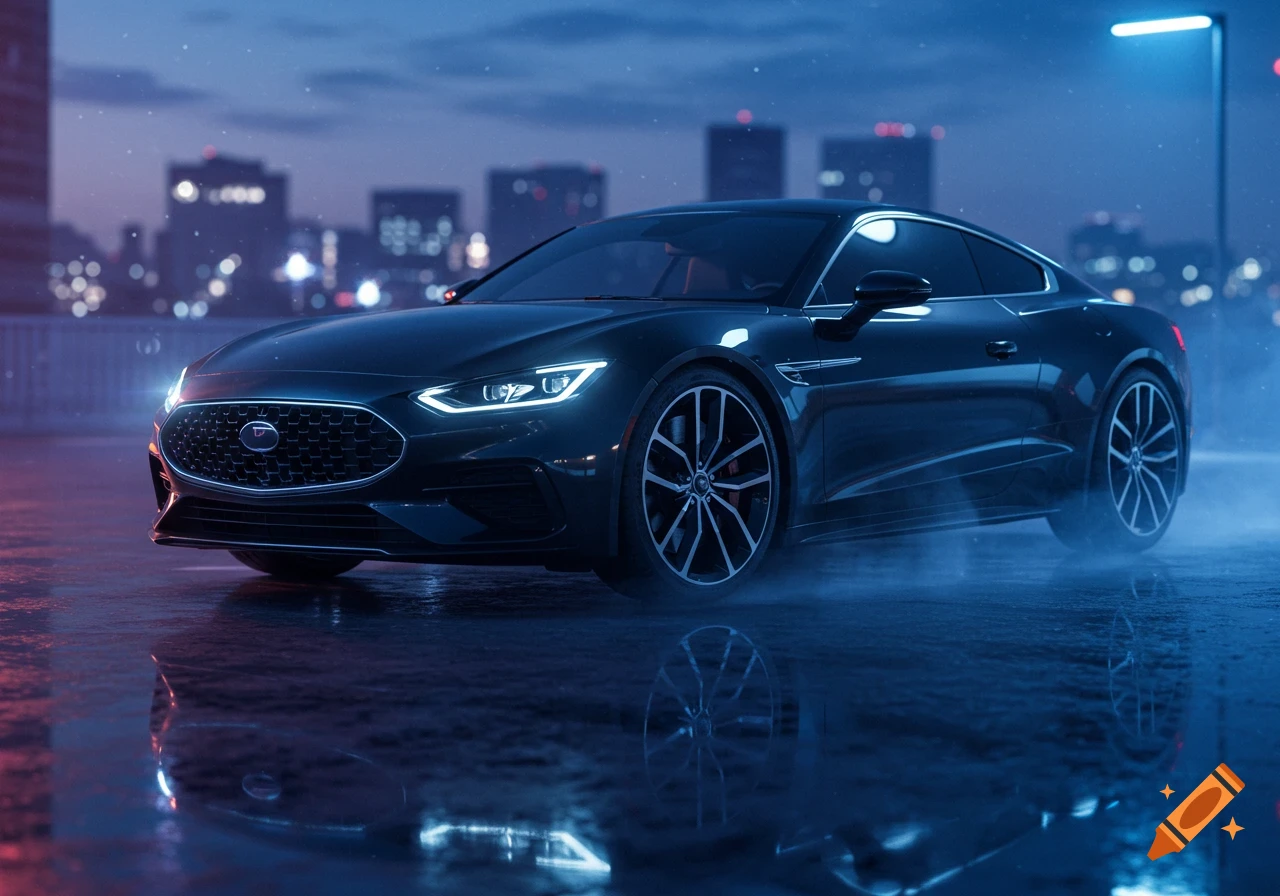 A sleek dark sports car parked on a wet city street at night, with neon reflections and blurred city lights in the background.