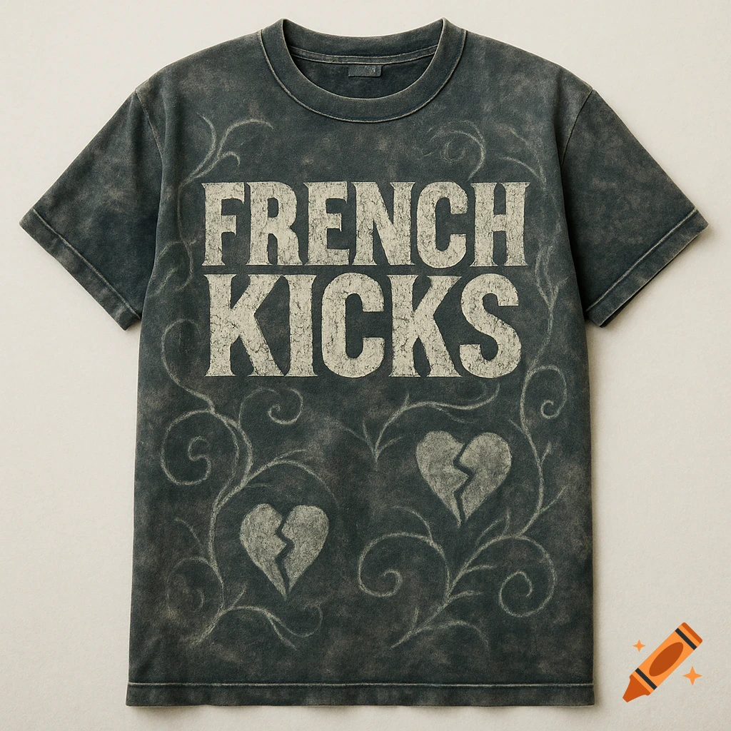 Dark, distressed t-shirt with 'FRENCH KICKS' in grunge font, surrounded by broken hearts and leafy vines.