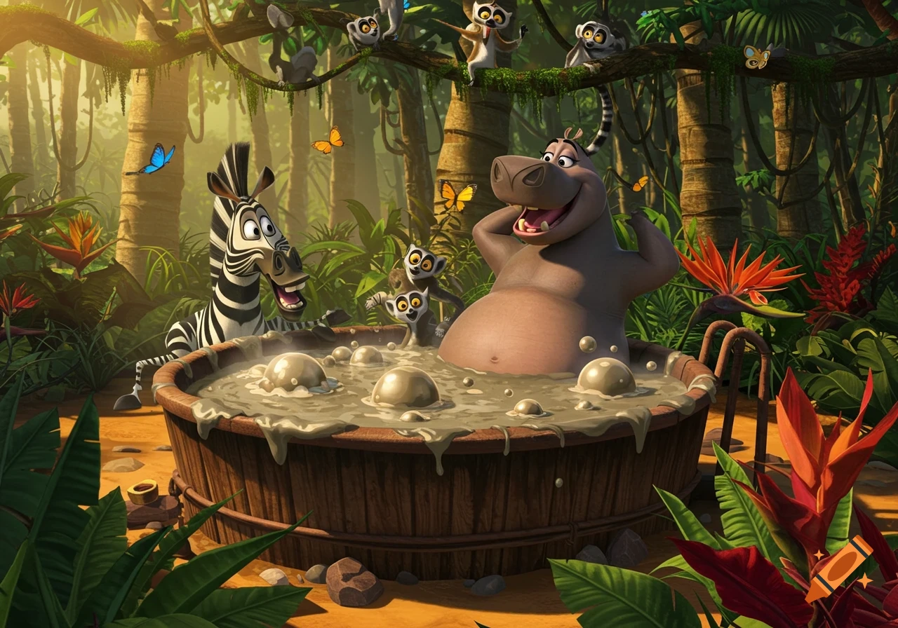 Cartoon hippo and zebra in a wooden mud bath, surrounded by lemurs and butterflies in a lush jungle.