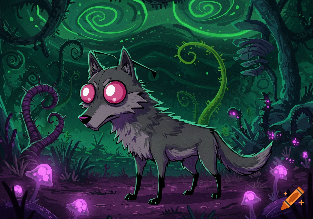 A cartoon wolf with large pink eyes stands in a glowing green and purple alien-like forest with glowing mushrooms and twisted plants.