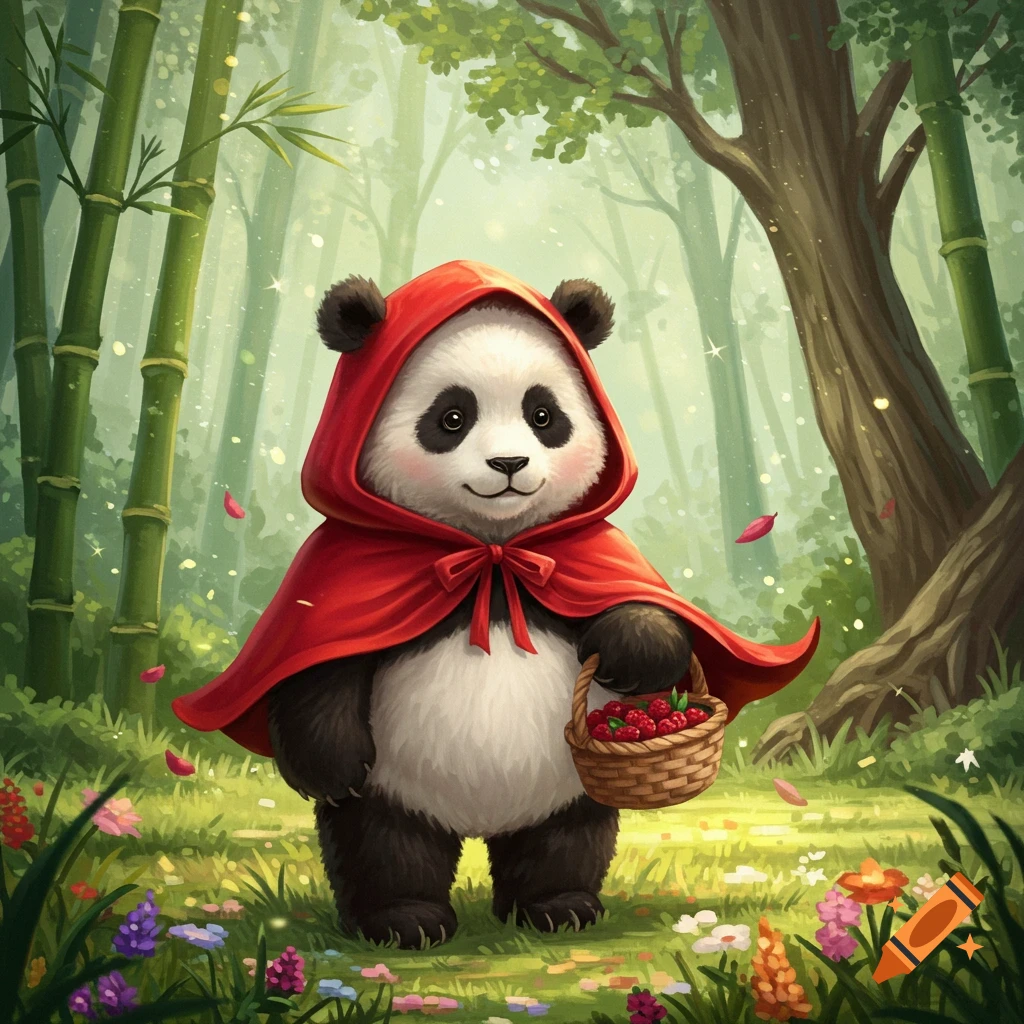 A cute panda dressed in a red hooded cape, holding a basket of berries, stands in a magical forest with bamboo trees and colorful flowers.
