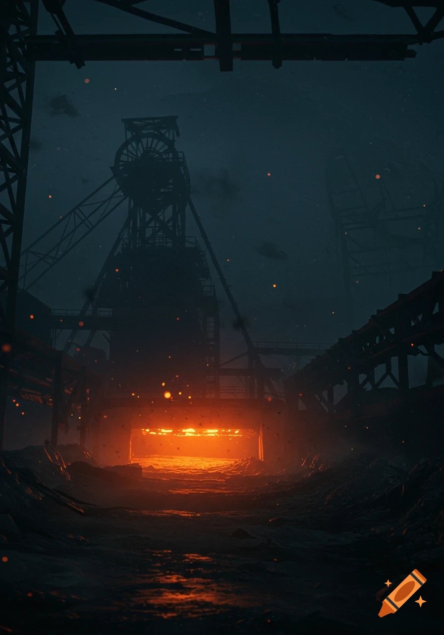 Dark, atmospheric mining site at night with towering structures and an orange glow from a tunnel.