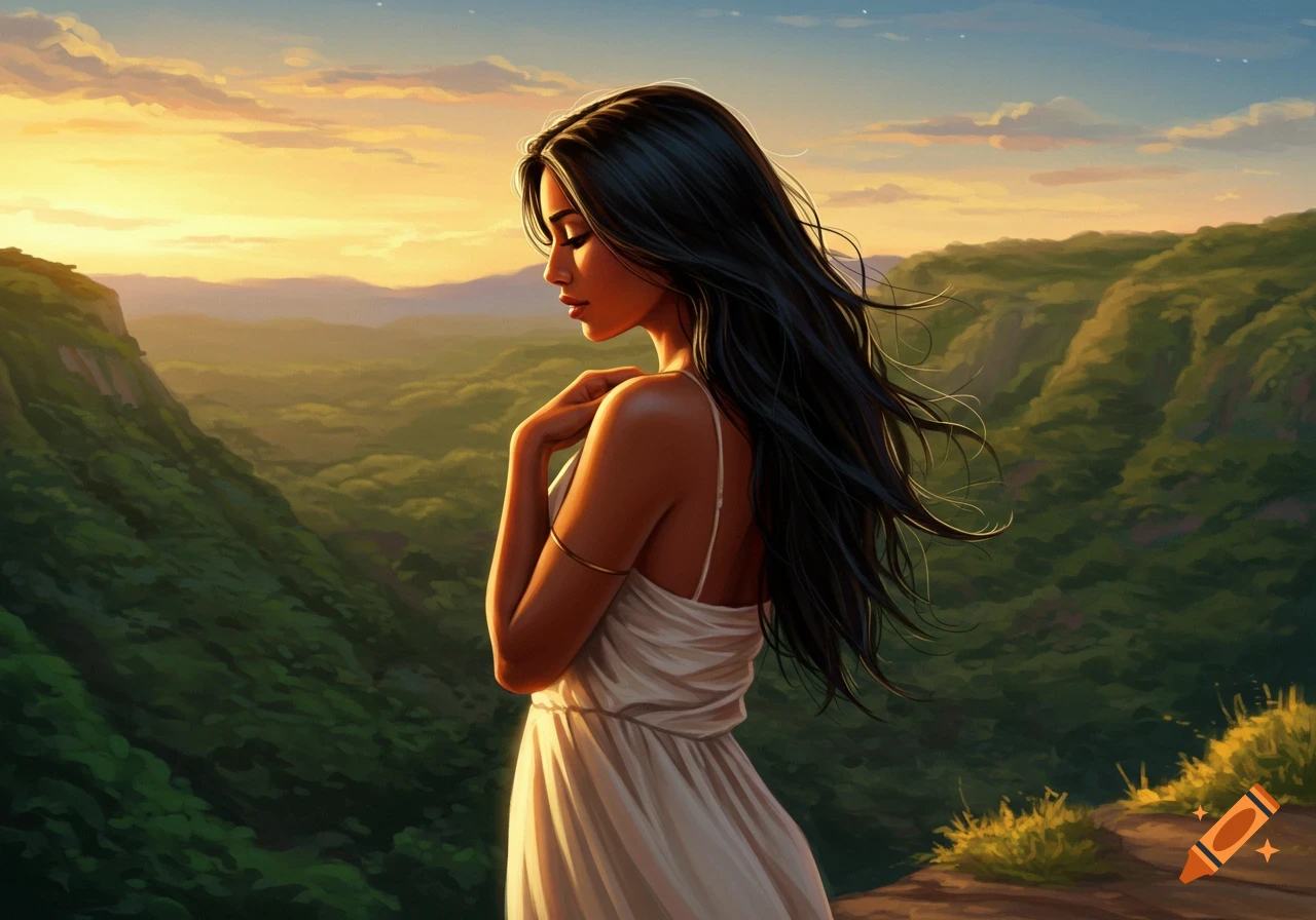 A woman with long dark hair in a white dress stands on a cliff overlooking a vast green valley at sunset in a digital painting.