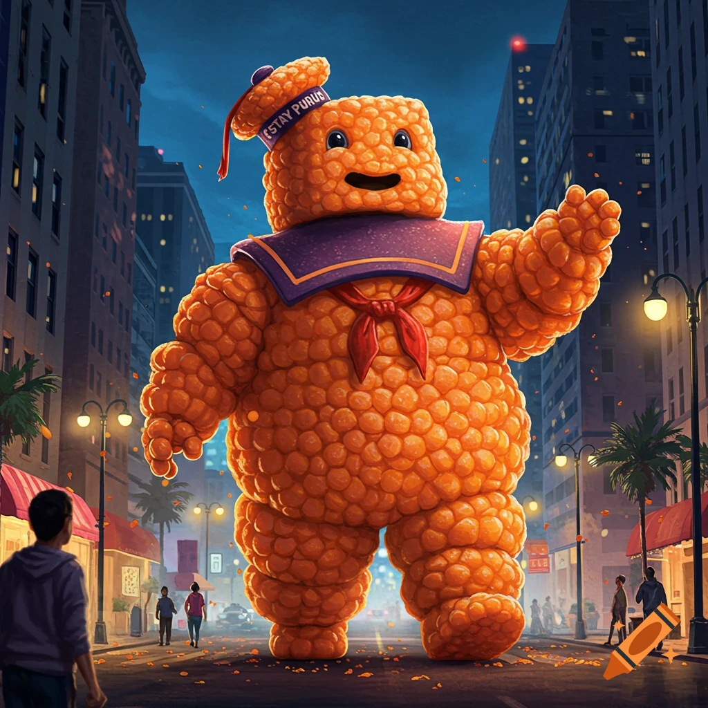 A giant, friendly character made of orange circus peanut candy, wearing a sailor hat and collar, stands in the middle of a city street at dusk, with people looking up at it.