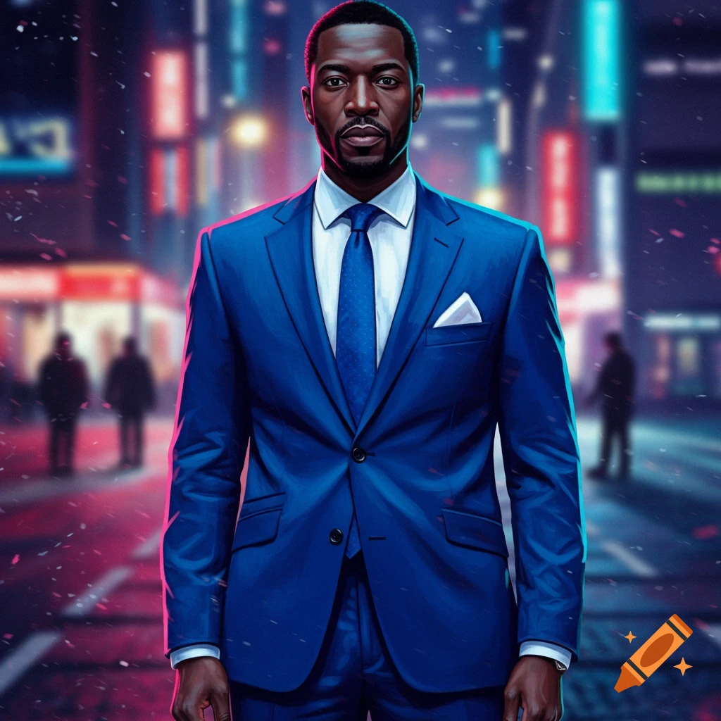 A Black man in a blue suit stands confidently in a neon-lit city street at night.