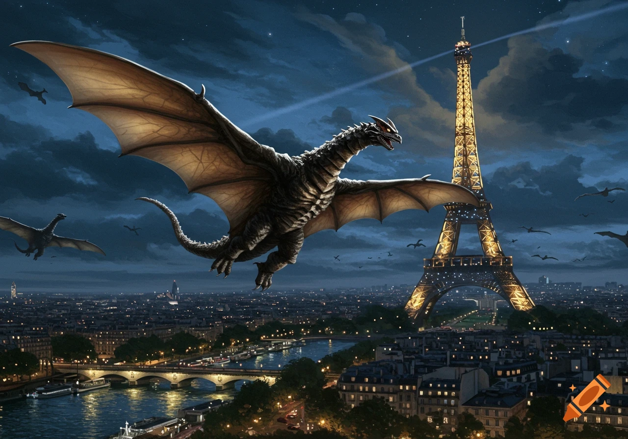 A large winged monster, Rodan, flies above the illuminated Paris cityscape at night, with the Eiffel Tower glowing brightly.