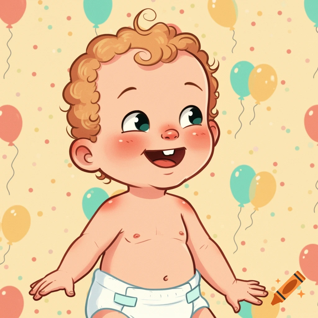 A smiling animated toddler with curly blond hair and two teeth, wearing a white diaper, standing against a light yellow background with colorful balloons and confetti.