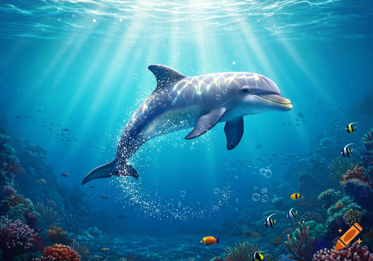 A sparkly blue dolphin swims underwater with sunlight rays, coral reefs, and small fish.