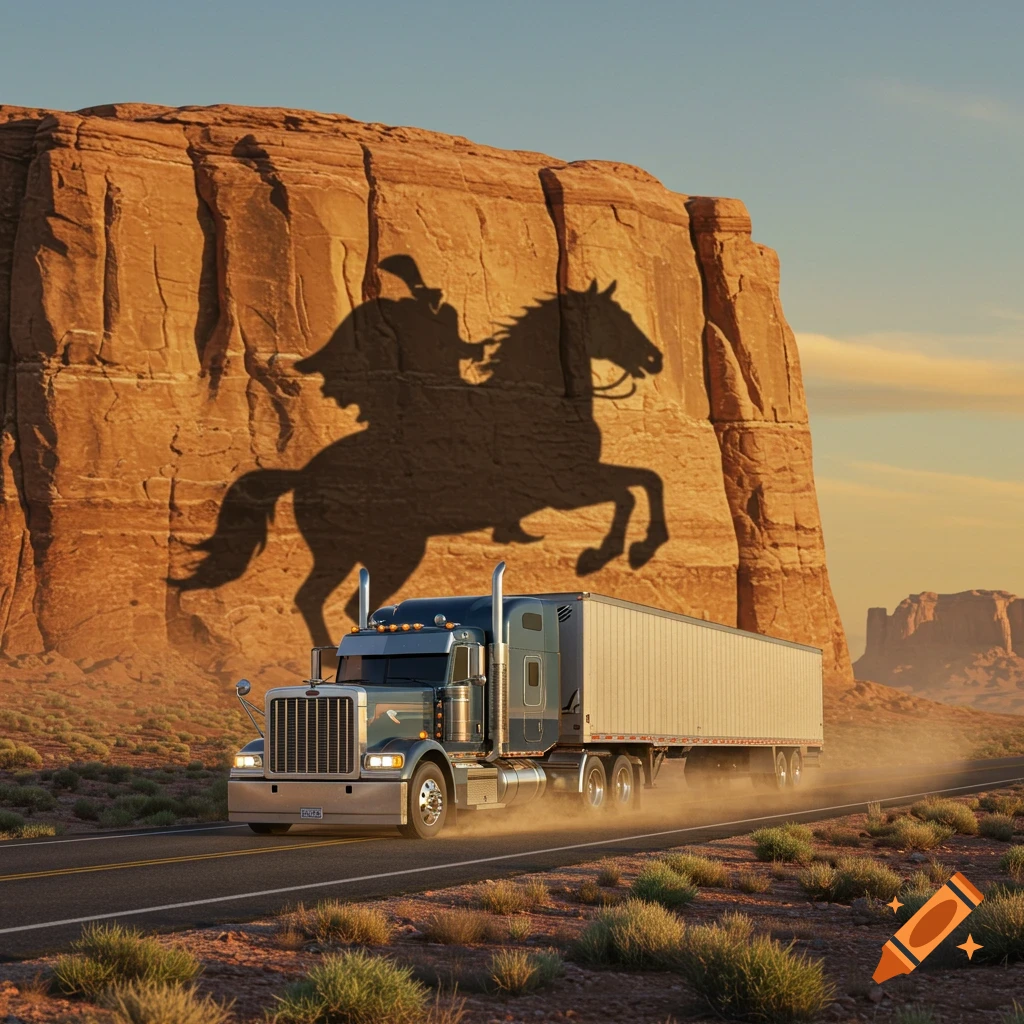 A photorealistic semi-truck drives on a road through a desert, casting a large shadow of a headless horseman on a rock wall.