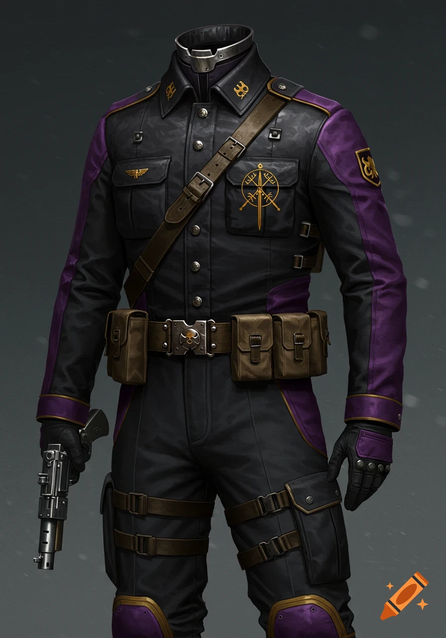 A detailed black and purple mercenary uniform with gold trim, a utility belt, a pistol, and various emblems, against a dark background.